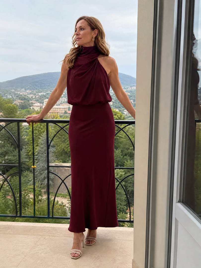 Nora Dlouhé vínové šaty s drapovaným límcem