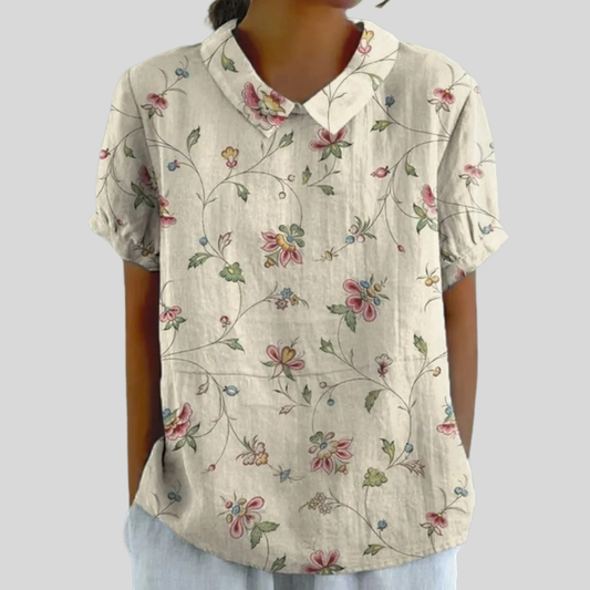 Regina Halenka na knoflíky s krátkým rukávem a květinovým potiskem na lnu