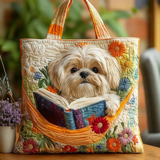 Ručně šitá taška Shih-tzu s knihami a květinami