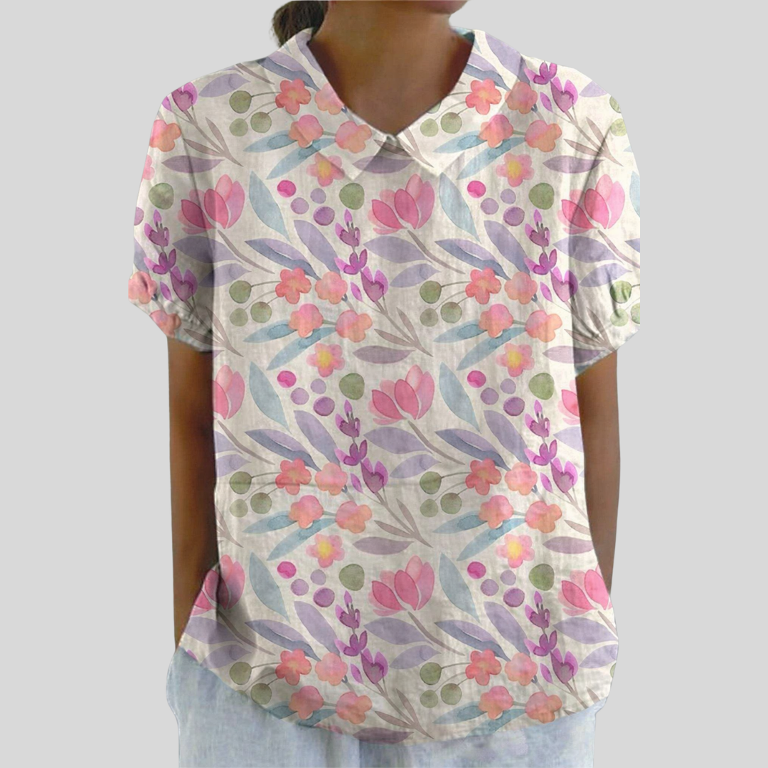 Martina Halenka na knoflíky s krátkým rukávem a potiskem tulipánů v lila