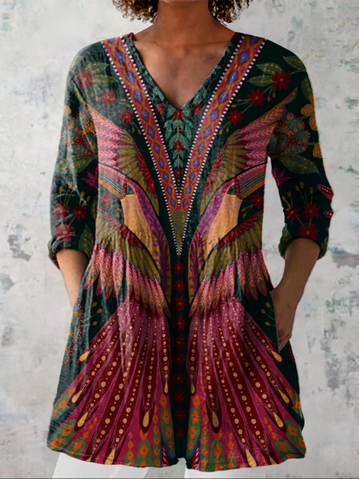 Zoe Tuniková halenka s výstřihem do V a boho potiskem