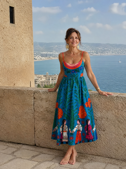 Alice Midi šaty s folklorním potiskem v modré