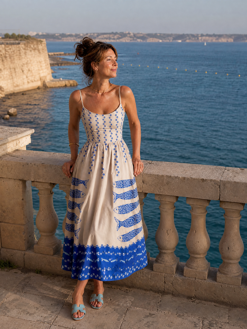 Magdaléna Midi šaty s potiskem rybek a květů