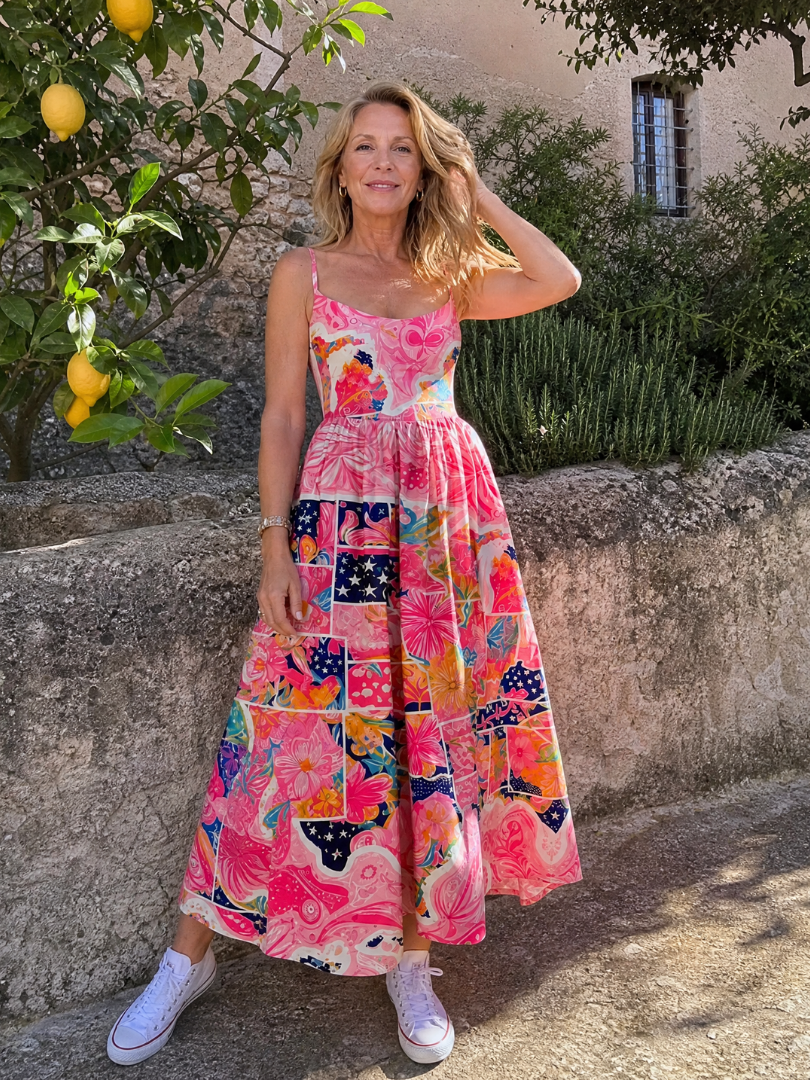 Veronika Midi šaty s květinovým patchworkem v růžové