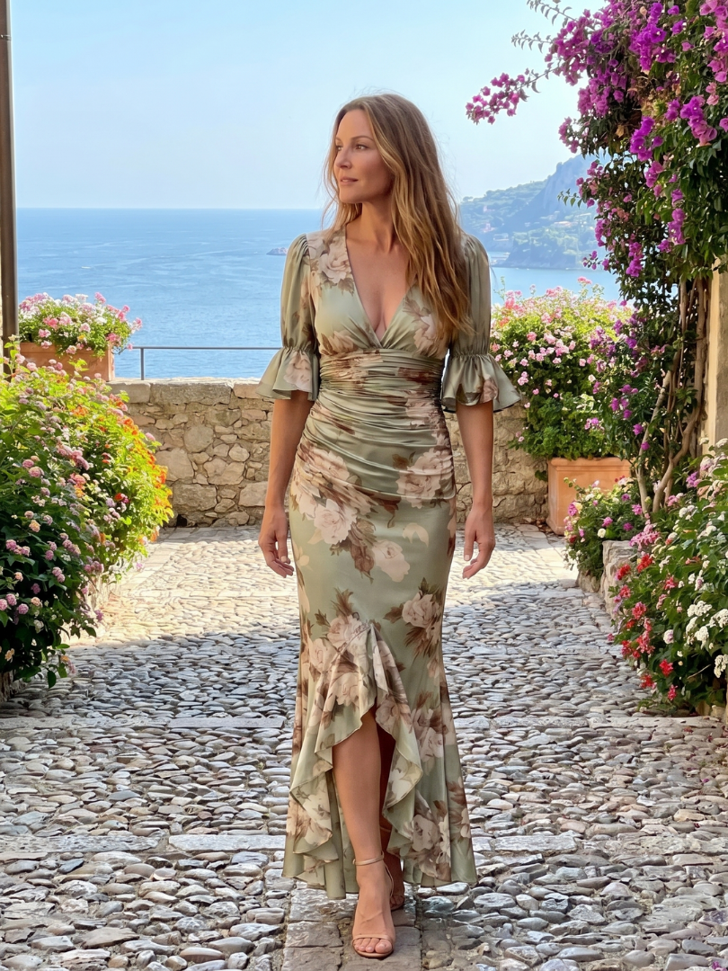 Lidmila Midi šaty s květinovým potiskem v šalvějové
