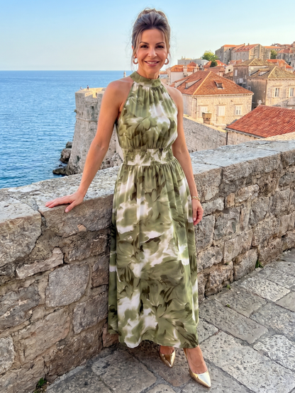 Milena Midi šaty s akvarelovým potiskem v olivové