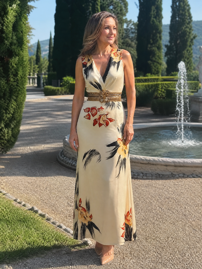 Flora Šaty bez rukávů s květinovým potiskem na krémové