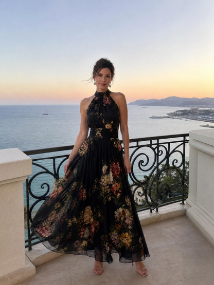 Otýlie Dlouhé šaty s růžemi na černé