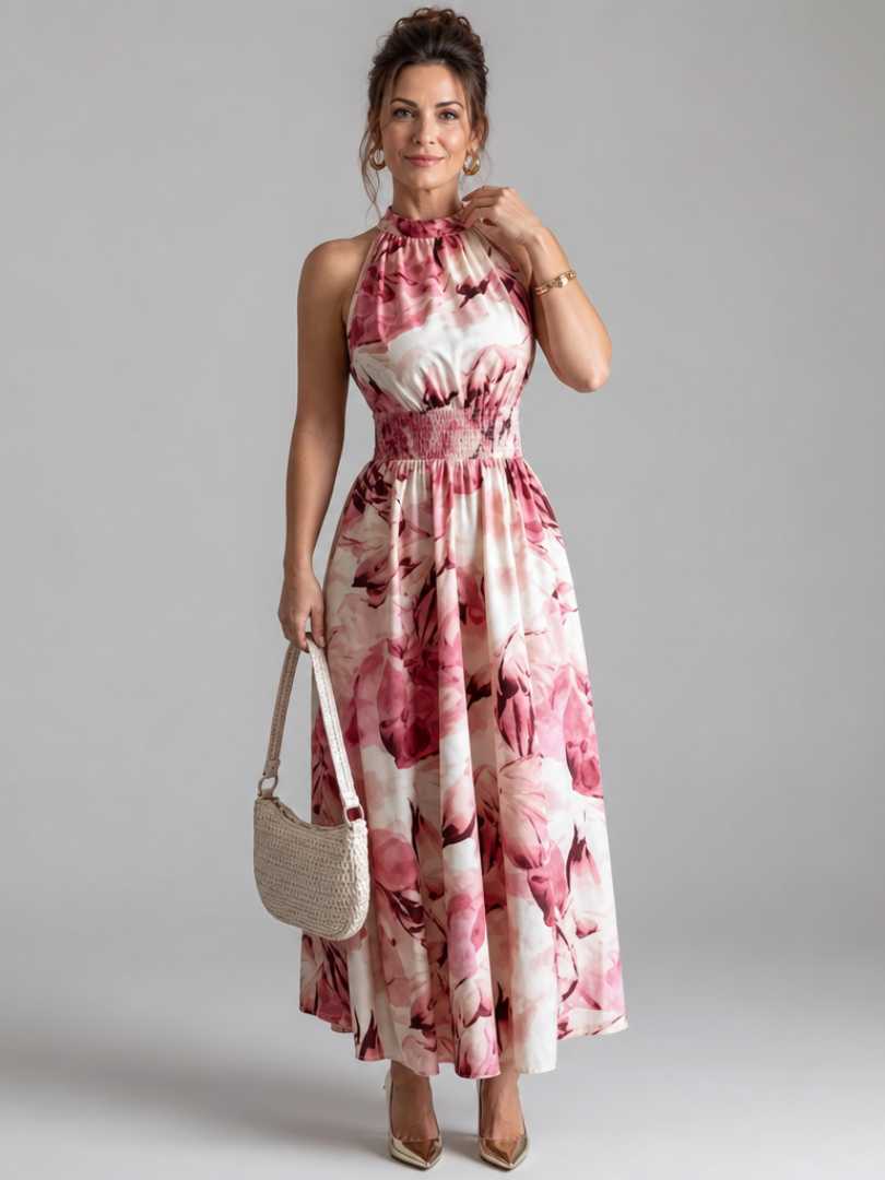 Milena Midi šaty s akvarelovým potiskem v olivové