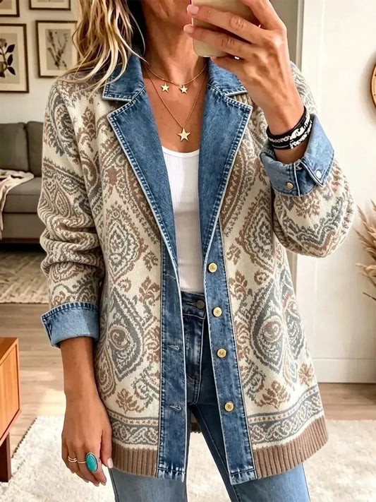 Eliška | Retro džínová bunda s boho patchworkem v béžové