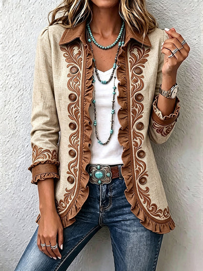 Magdaléna | Vintage boho bunda s ornamentálním vzorem a volánky